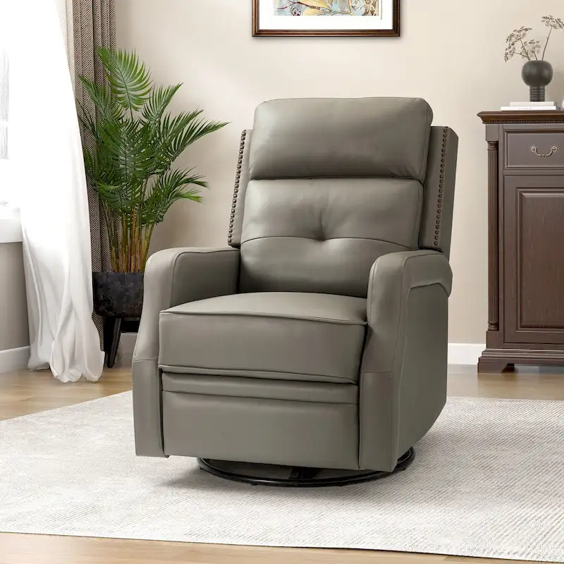 Fauteuil inclinable pivotant à 360 degrés avec dossier capitonné, garniture cloutée et base métallique
