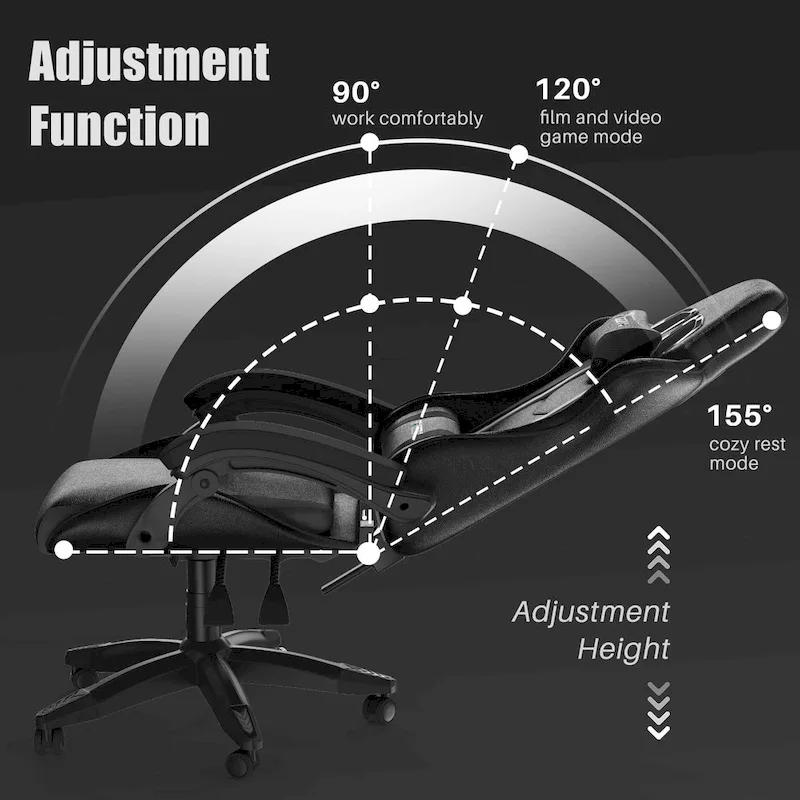 Chaise de jeu ergonomique à dossier haut avec accoudoirs, appui-tête et support lombaire réglables