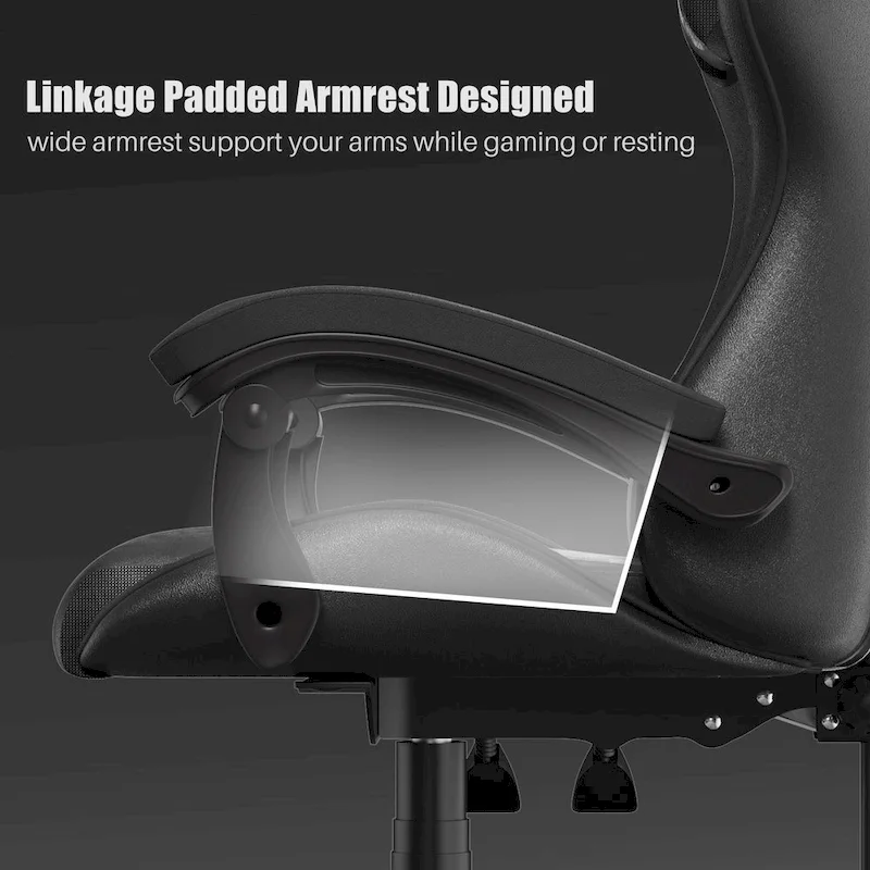 Chaise de jeu ergonomique à dossier haut avec accoudoirs, appui-tête et support lombaire réglables