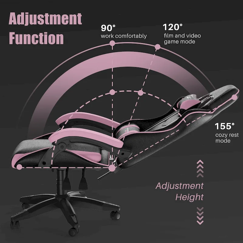 Chaise de jeu ergonomique à dossier haut avec accoudoirs, appui-tête et support lombaire réglables