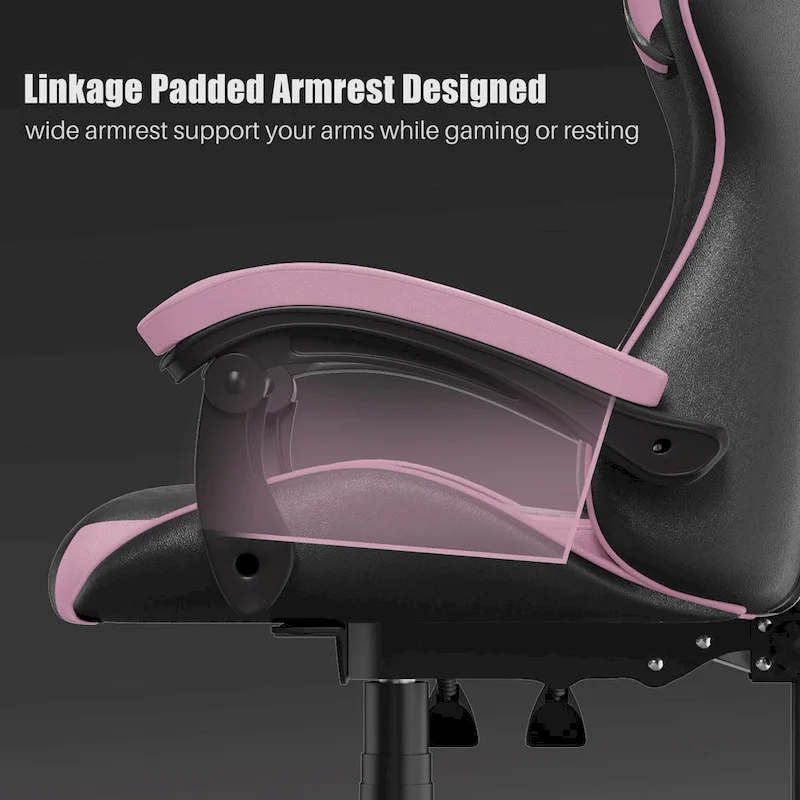 Chaise de jeu ergonomique à dossier haut avec accoudoirs, appui-tête et support lombaire réglables