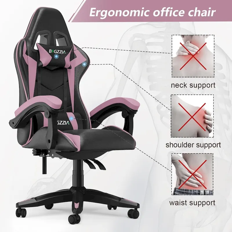 Chaise de jeu ergonomique à dossier haut avec accoudoirs, appui-tête et support lombaire réglables