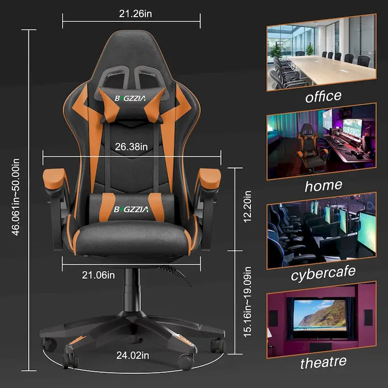 Chaise de jeu ergonomique à dossier haut avec accoudoirs, appui-tête et support lombaire réglables