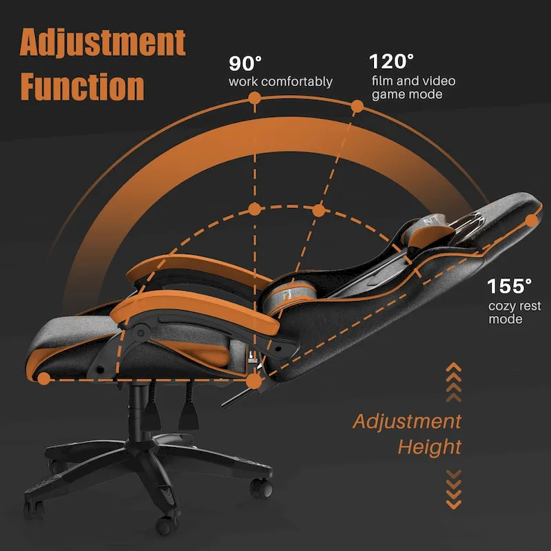 Chaise de jeu ergonomique à dossier haut avec accoudoirs, appui-tête et support lombaire réglables