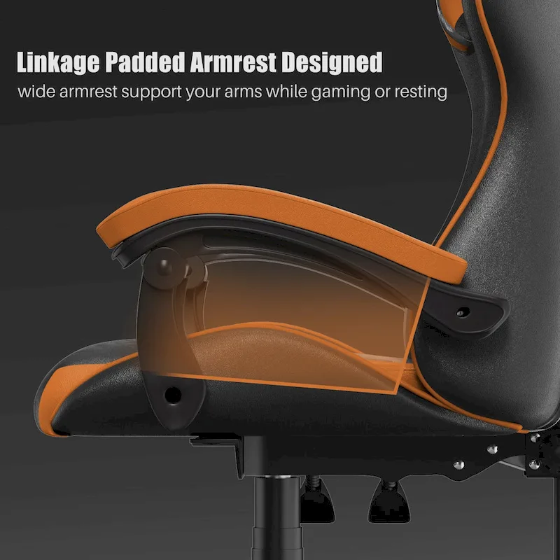 Chaise de jeu ergonomique à dossier haut avec accoudoirs, appui-tête et support lombaire réglables