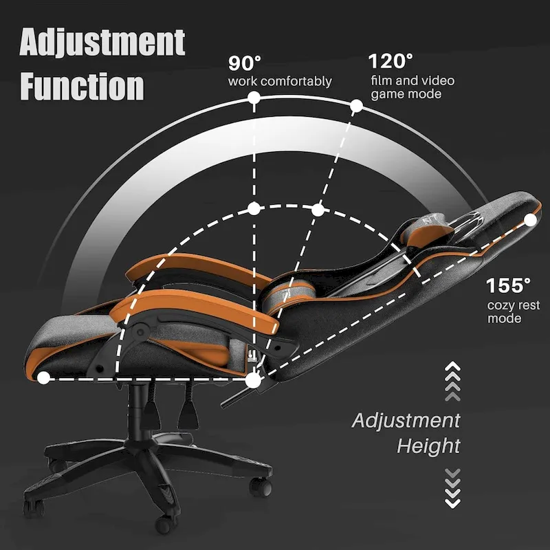Chaise de jeu ergonomique à dossier haut avec accoudoirs, appui-tête et support lombaire réglables