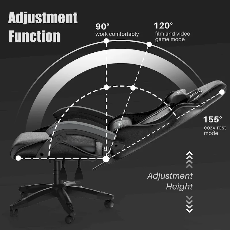 Chaise de jeu ergonomique à dossier haut avec accoudoirs, appui-tête et support lombaire réglables