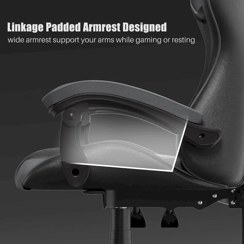 Chaise de jeu ergonomique à dossier haut avec accoudoirs, appui-tête et support lombaire réglables