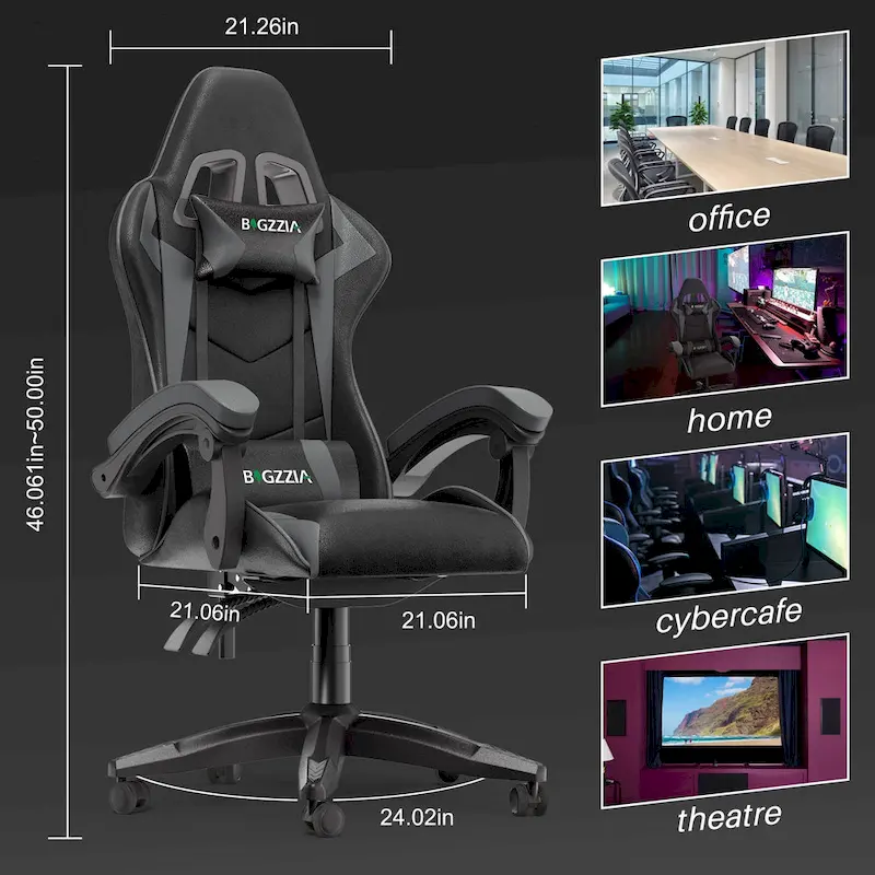 Chaise de jeu ergonomique à dossier haut avec accoudoirs, appui-tête et support lombaire réglables