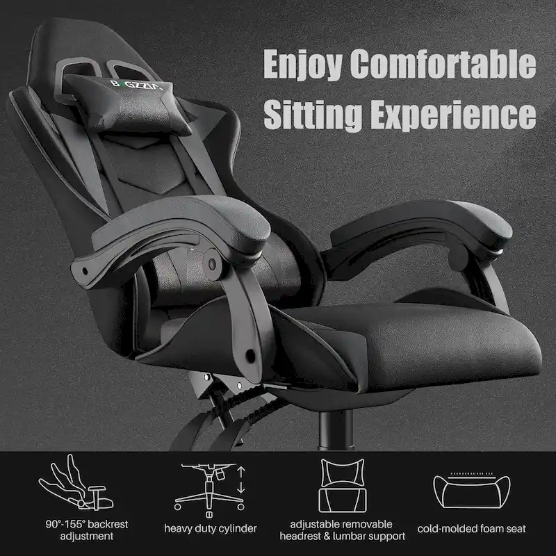 Chaise de jeu ergonomique à dossier haut avec accoudoirs, appui-tête et support lombaire réglables