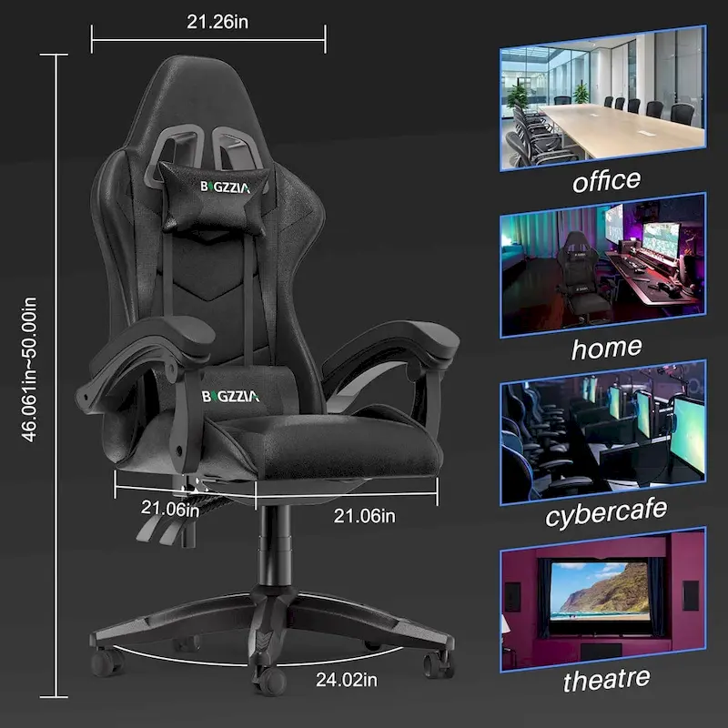 Chaise de jeu ergonomique à dossier haut avec accoudoirs, appui-tête et support lombaire réglables