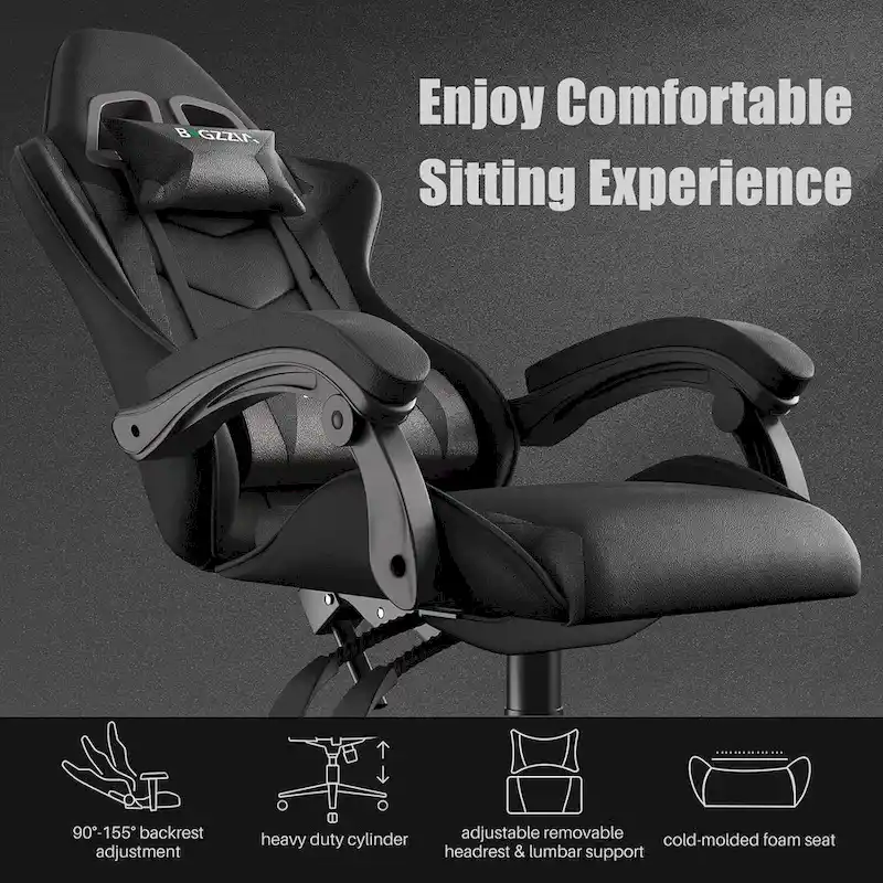 Chaise de jeu ergonomique à dossier haut avec accoudoirs, appui-tête et support lombaire réglables