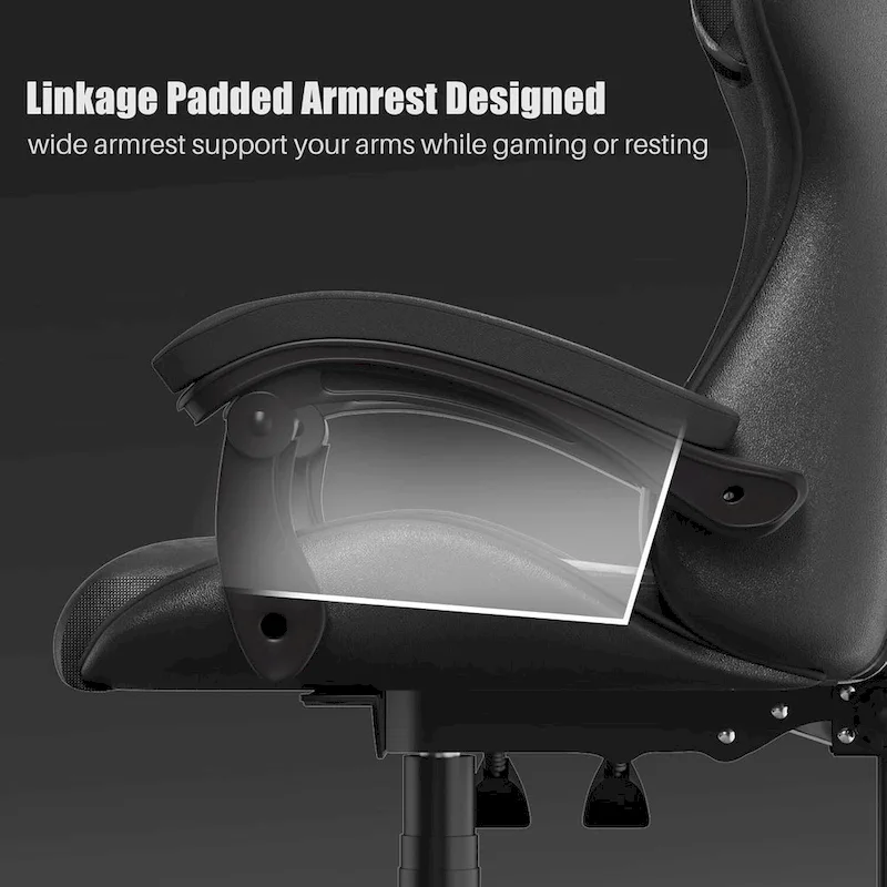 Chaise de jeu ergonomique à dossier haut avec accoudoirs, appui-tête et support lombaire réglables