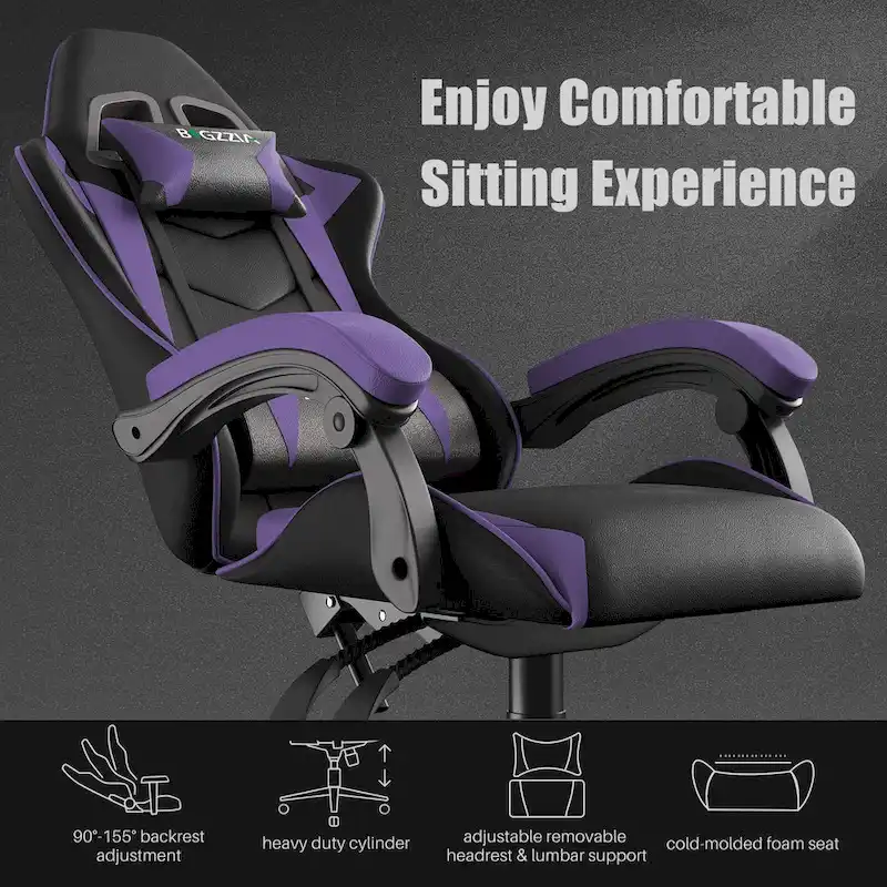 Chaise de jeu ergonomique à dossier haut avec accoudoirs, appui-tête et support lombaire réglables
