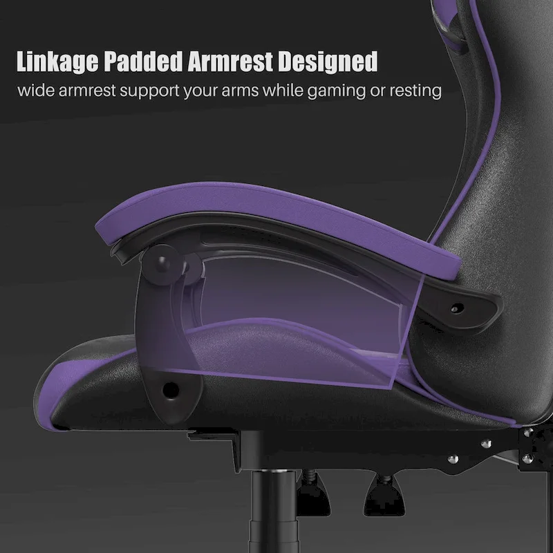 Chaise de jeu ergonomique à dossier haut avec accoudoirs, appui-tête et support lombaire réglables