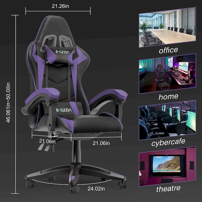 Chaise de jeu ergonomique à dossier haut avec accoudoirs, appui-tête et support lombaire réglables