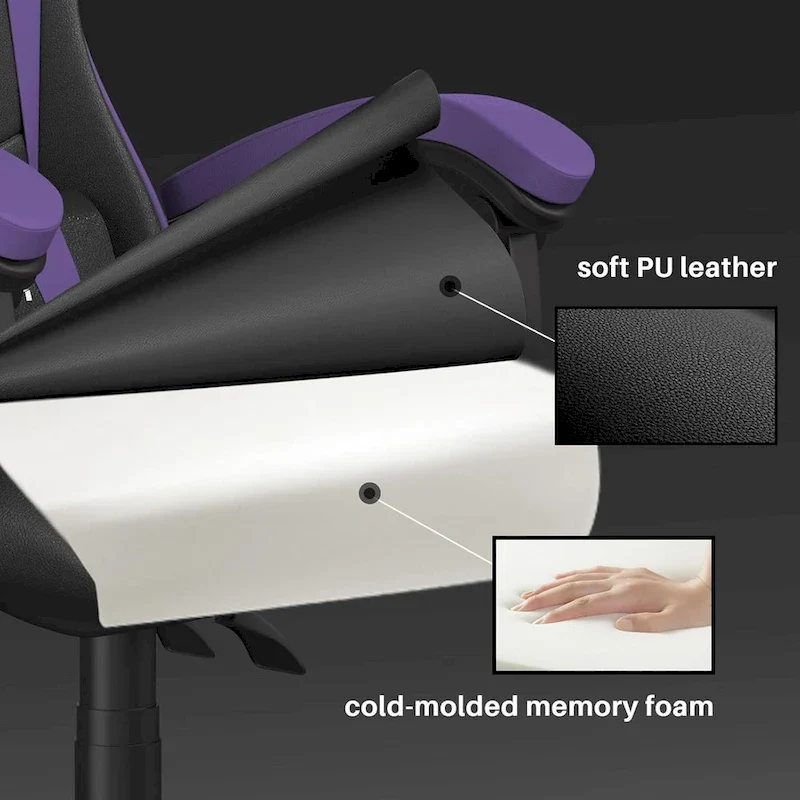 Chaise de jeu ergonomique à dossier haut avec accoudoirs, appui-tête et support lombaire réglables