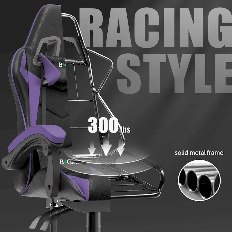 Chaise de jeu ergonomique à dossier haut avec accoudoirs, appui-tête et support lombaire réglables
