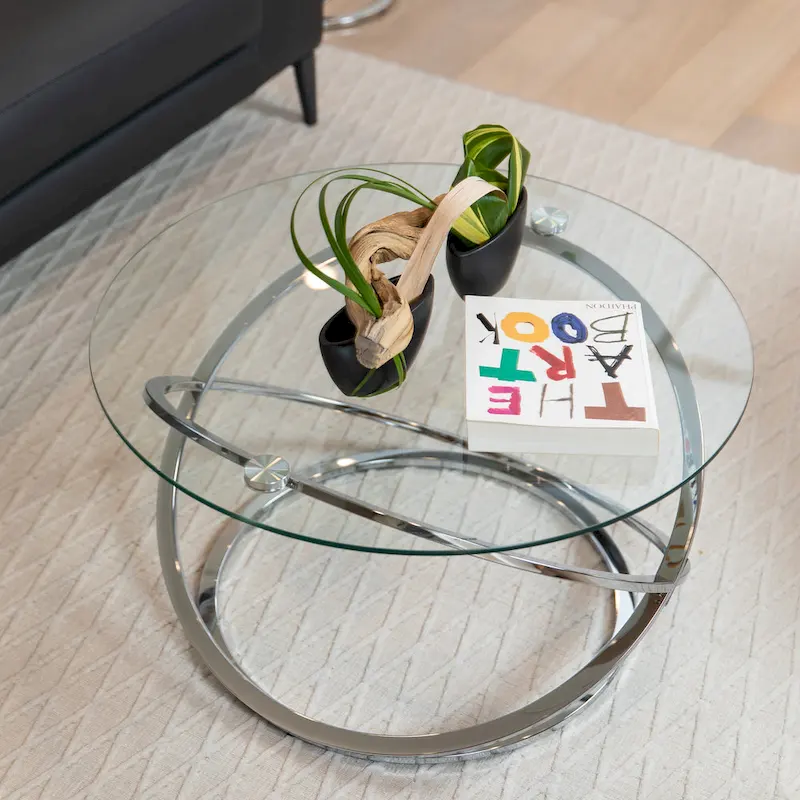 Table basse ronde en verre trempé avec piètement croisé sculptural – 80 cm