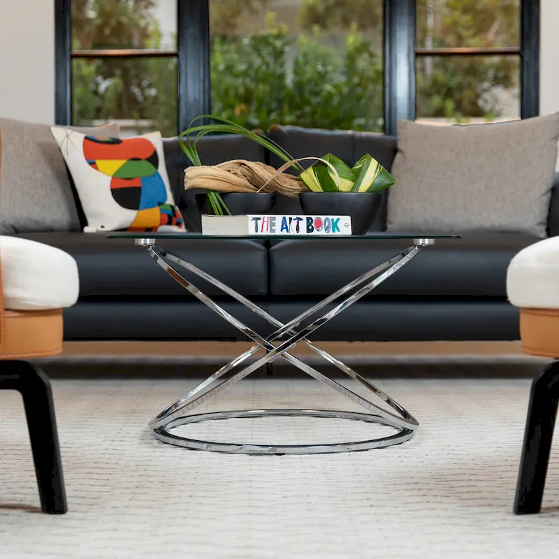 Table basse ronde en verre trempé avec piètement croisé sculptural – 80 cm