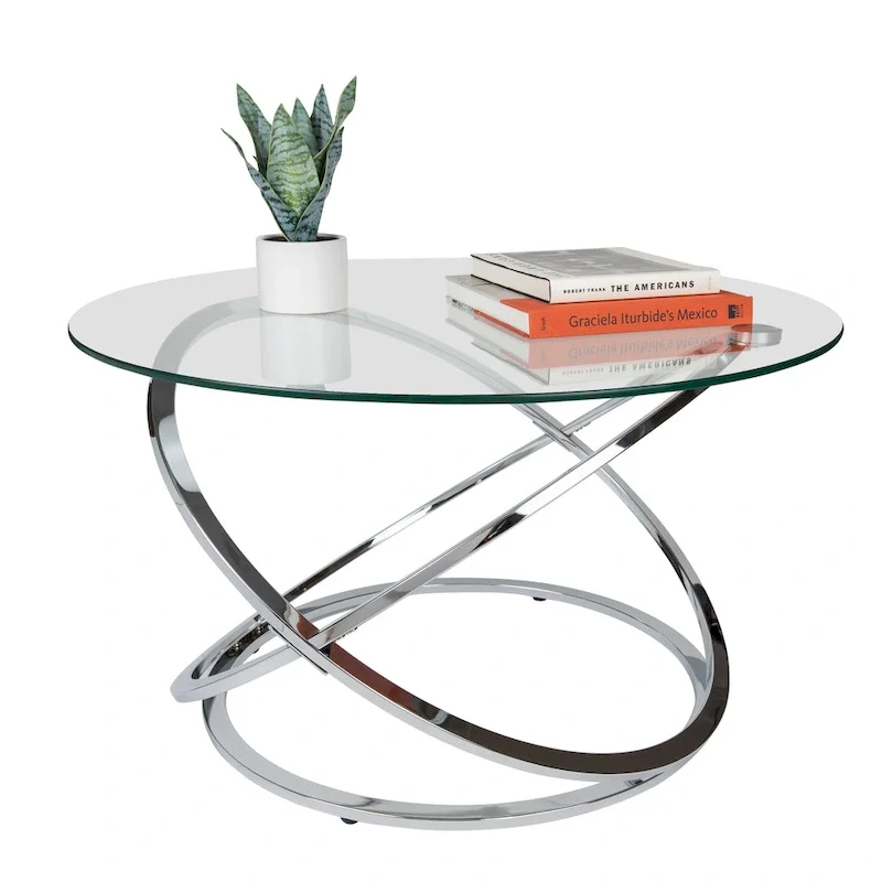 Table basse ronde en verre trempé avec piètement croisé sculptural – 80 cm