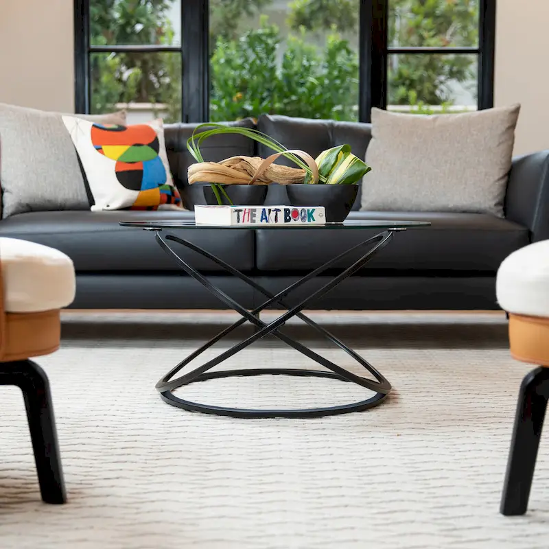 Table basse ronde en verre trempé avec piètement croisé sculptural – 80 cm