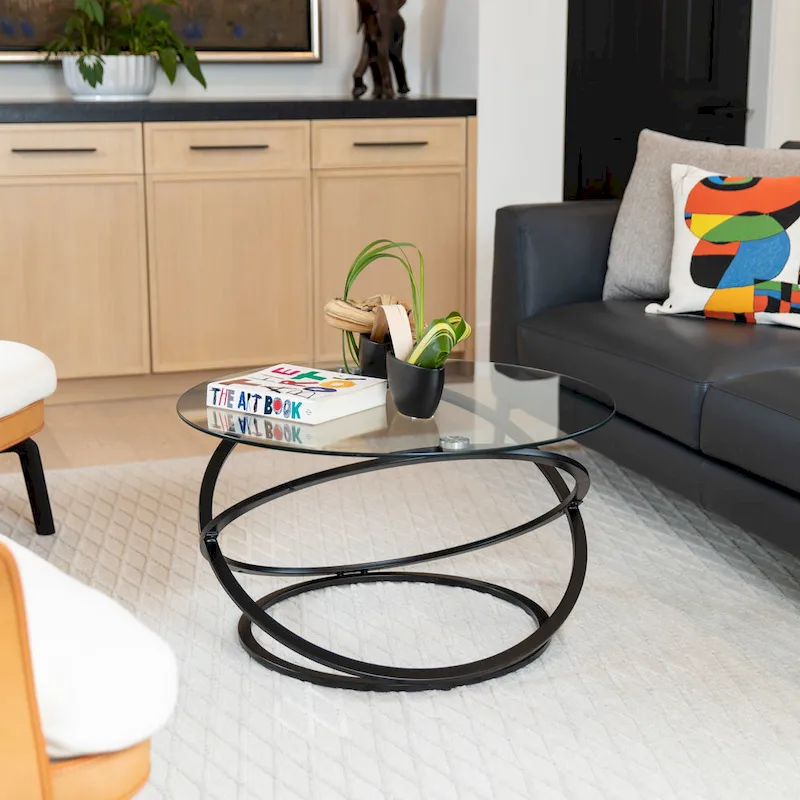 Table basse ronde en verre trempé avec piètement croisé sculptural – 80 cm