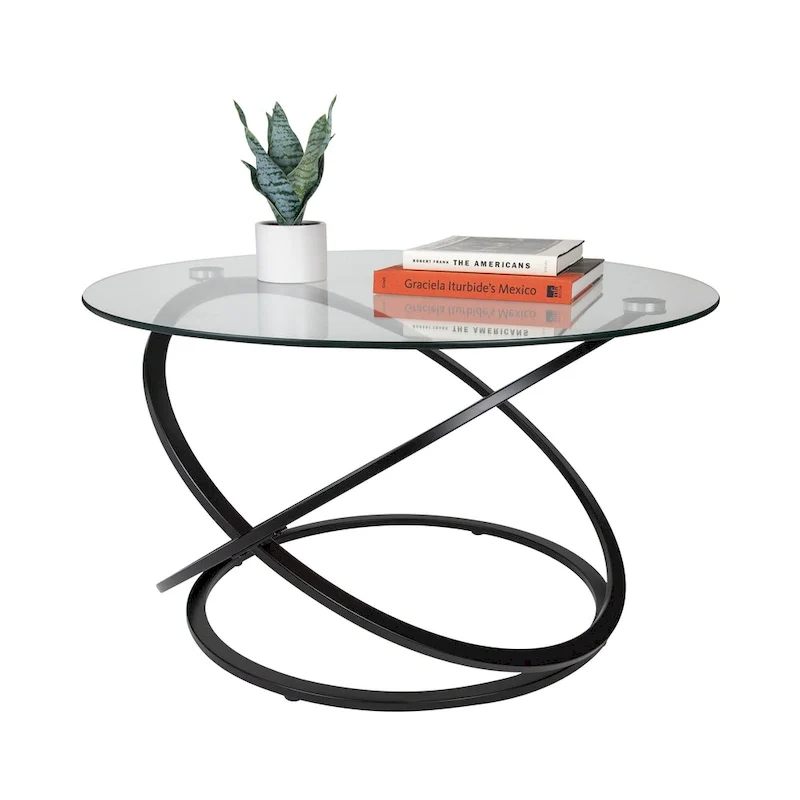 Table basse ronde en verre trempé avec piètement croisé sculptural – 80 cm