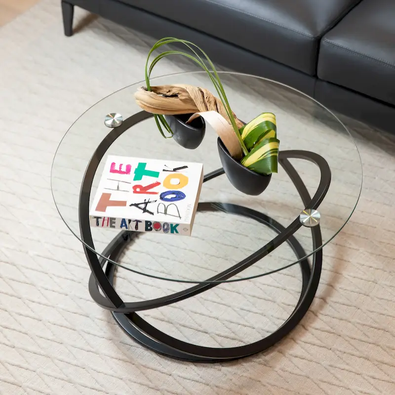 Table basse ronde en verre trempé avec piètement croisé sculptural – 80 cm