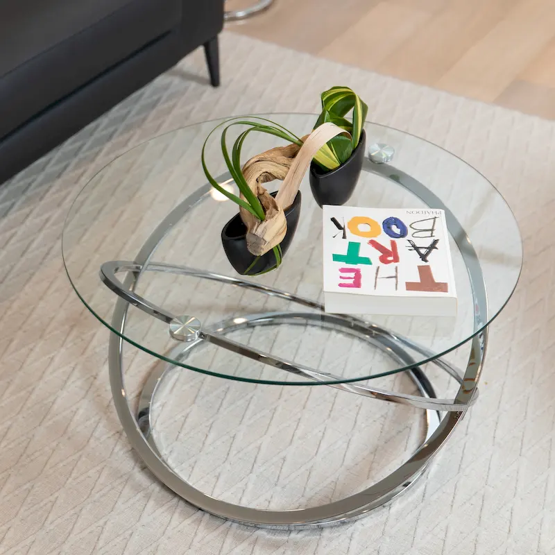 Table basse ronde en verre trempé avec piètement croisé sculptural – 80 cm