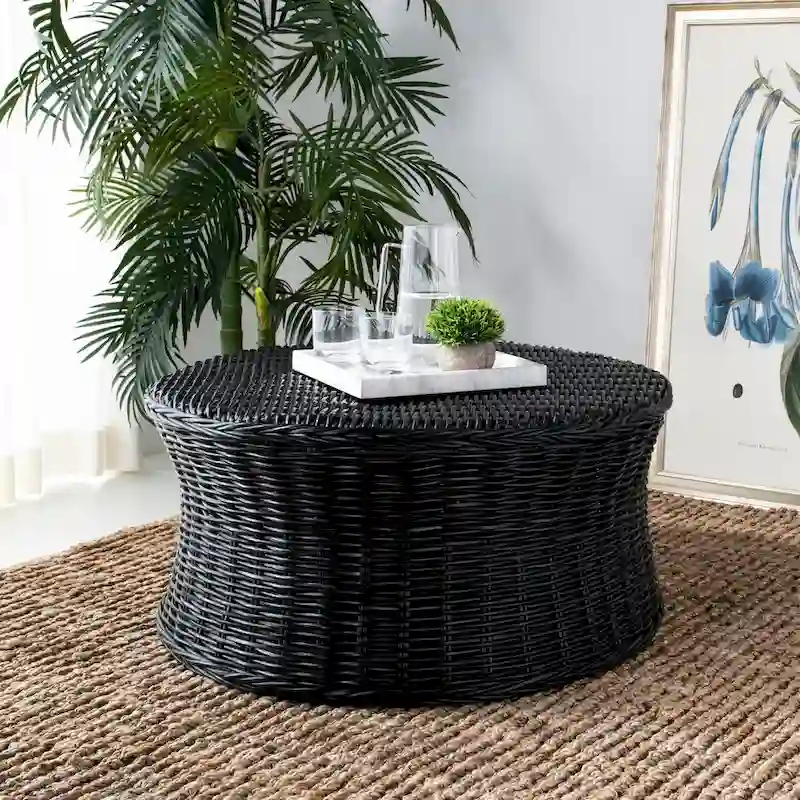 Ottoman de cocktail en rotin tressé – Design concave discret pour usage intérieur