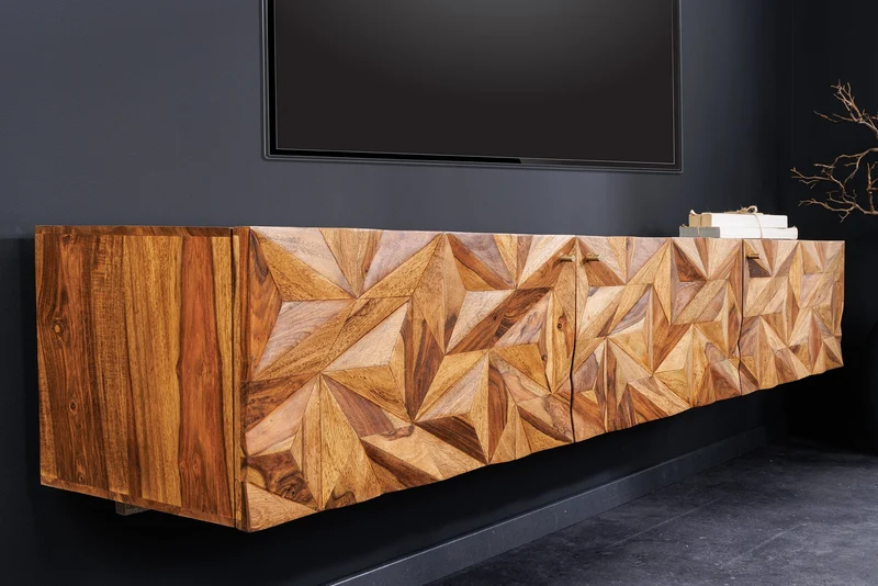 Buffet TV suspendu ALPINE 160cm marron Sheesham bois massif finition pierre métal doré