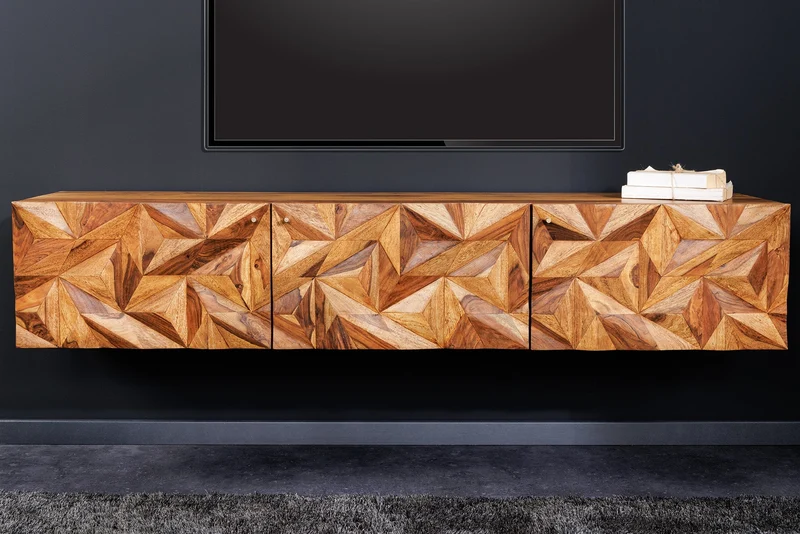 Buffet TV suspendu ALPINE 160cm marron Sheesham bois massif finition pierre métal doré