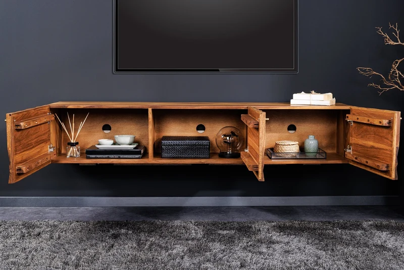Buffet TV suspendu ALPINE 160cm marron Sheesham bois massif finition pierre métal doré