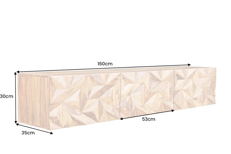 Buffet TV suspendu ALPINE 160cm marron Sheesham bois massif finition pierre métal doré