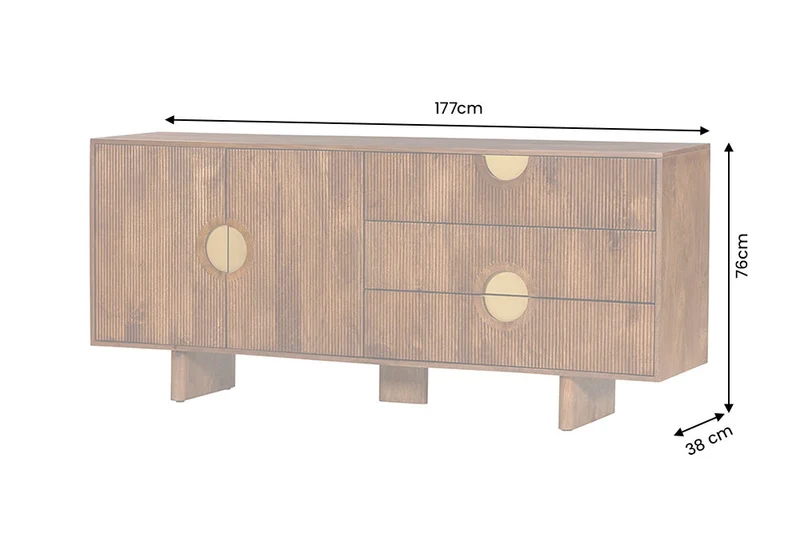 Buffet massif MADISON 180cm en manguier marron avec tiroirs et façade structurée