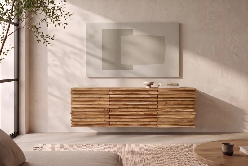 Buffet suspendu RELIEF 175cm naturel acacia bois massif avec tiroirs
