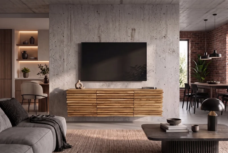 Buffet suspendu RELIEF 175cm naturel acacia bois massif avec tiroirs