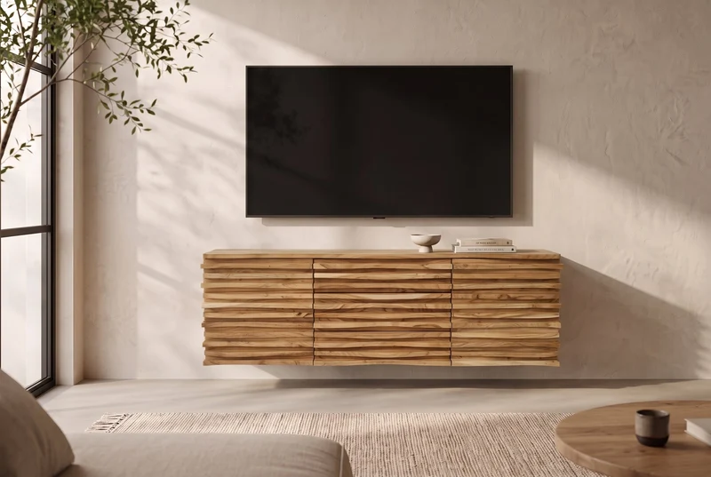 Buffet suspendu RELIEF 175cm naturel acacia bois massif avec tiroirs