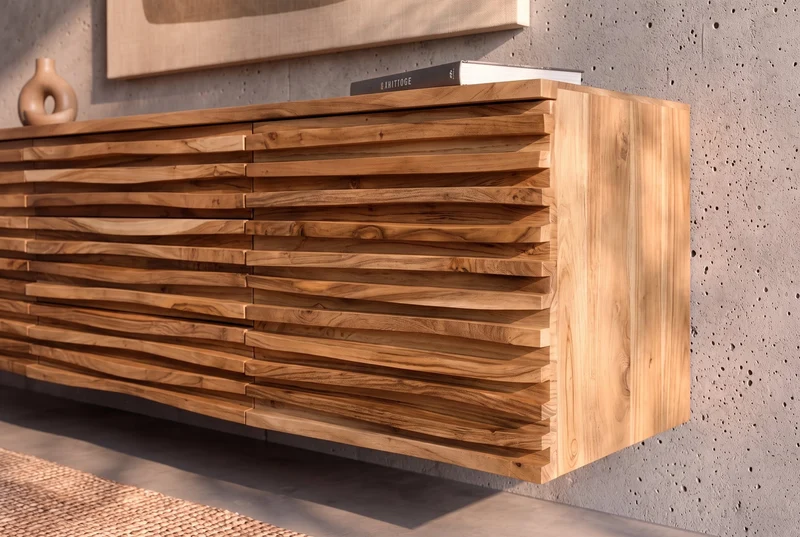 Buffet suspendu RELIEF 175cm naturel acacia bois massif avec tiroirs