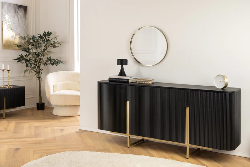 Buffet massif GATSBY 160cm noir doré bois de manguier rétro fait main