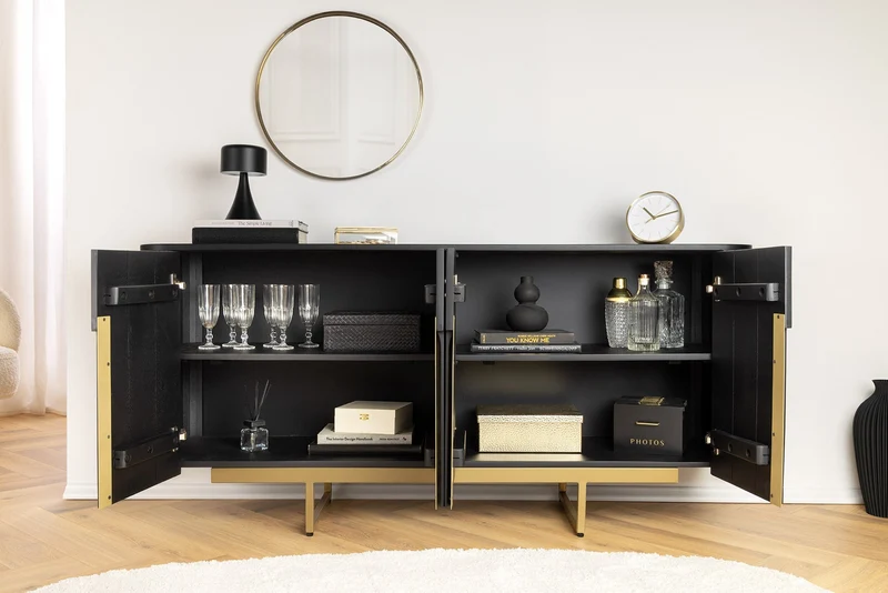 Buffet massif GATSBY 160cm noir doré bois de manguier rétro fait main