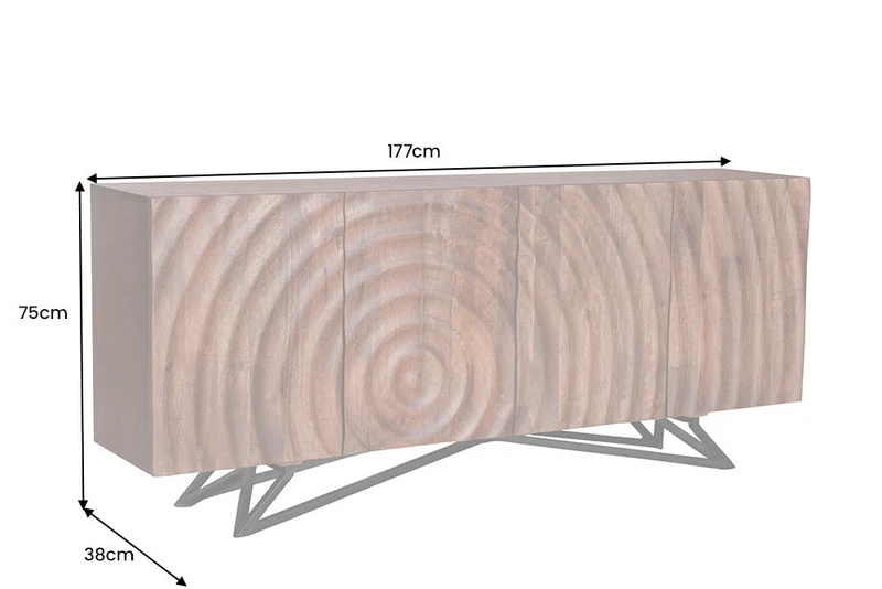 Buffet design ZEN 180cm en bois de manguier marron avec sculptures 3D structure en métal noir fait main