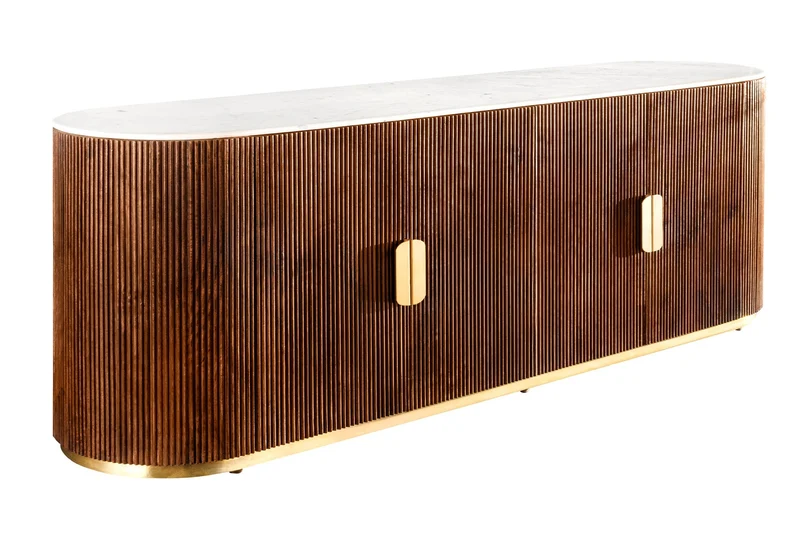 Buffet design GATSBY 170cm bois de manguier marron doré dessus marbre blanc