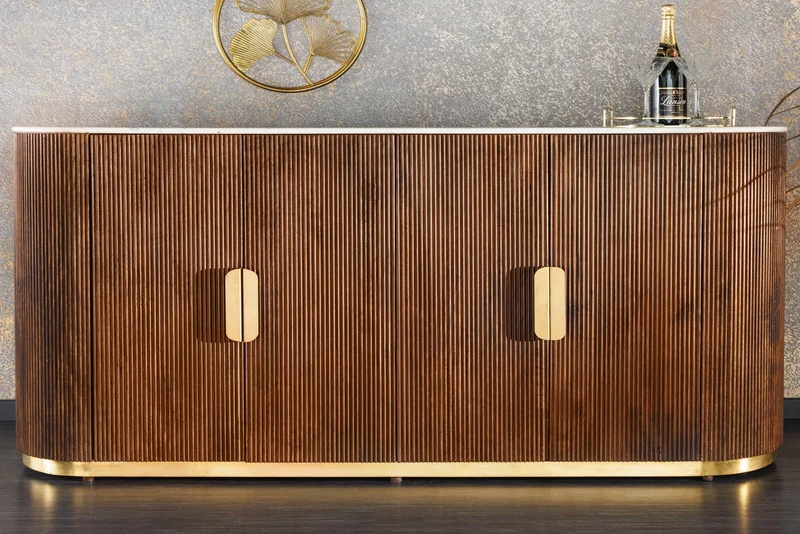 Buffet design GATSBY 170cm bois de manguier marron doré dessus marbre blanc