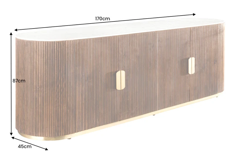 Buffet design GATSBY 170cm bois de manguier marron doré dessus marbre blanc
