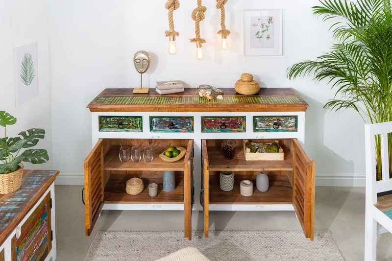 Buffet unique JAKARTA 160cm blanc coloré en bois massif recyclé provenant de bateaux de pêche
