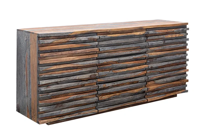 Buffet en bois massif RELIEF 160 cm Sheesham finition gris fumé commode avec tiroirs