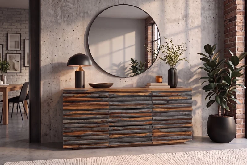 Buffet en bois massif RELIEF 160 cm Sheesham finition gris fumé commode avec tiroirs