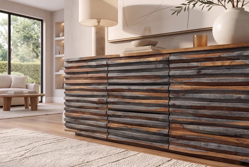 Buffet en bois massif RELIEF 160 cm Sheesham finition gris fumé commode avec tiroirs